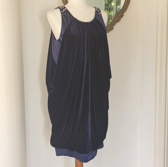 Aidan Mattox Navy Beaded Shoulder Draped Shift Dress - Picture 1 of 11